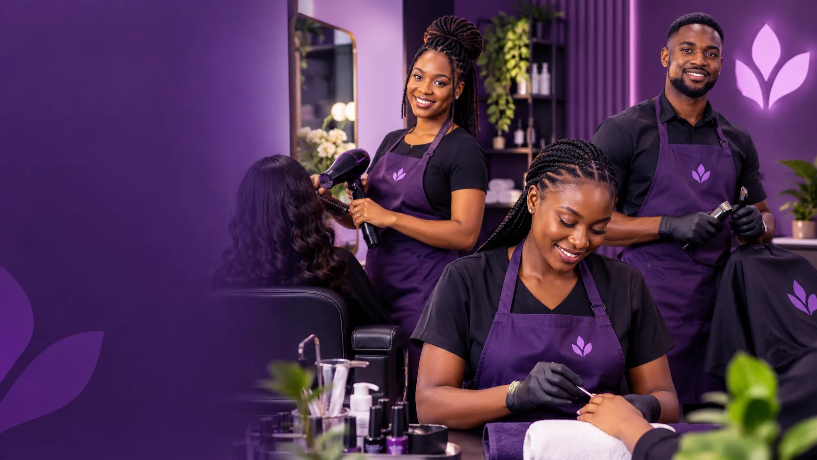 Hair stylist, nail technician and barber at work in a salon